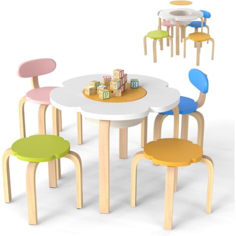 GOPLUS 5 PCS Table Enfant avec Chaises en Forme de Fleur, Table d'Activités avec 2 Chaises & 2 Tabourets pour Lire Jouer Manger, Bureau Enfant avec Rangement pour 3+ Ans, Charge 80KG
