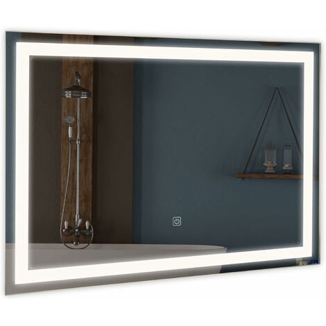 GOPLUS 50 x 70 cm Badezimmerspiegel mit LED-Beleuchtung, hinterleuchteter Schminkspiegel mit Smart Touch-Taste, dimmbare Helligkeit, hinterleuchteter Wandspiegel mit weissem/warmweissem/warmem Licht
