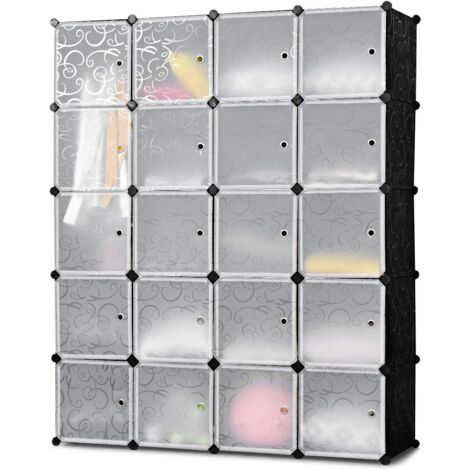 GOPLUS 55L Armadio Portatile, Scaffale Modulare in Plastica, Design Impilabile con Ante, Ganci e Dispositivo Antiribaltamento per Camera da Letto