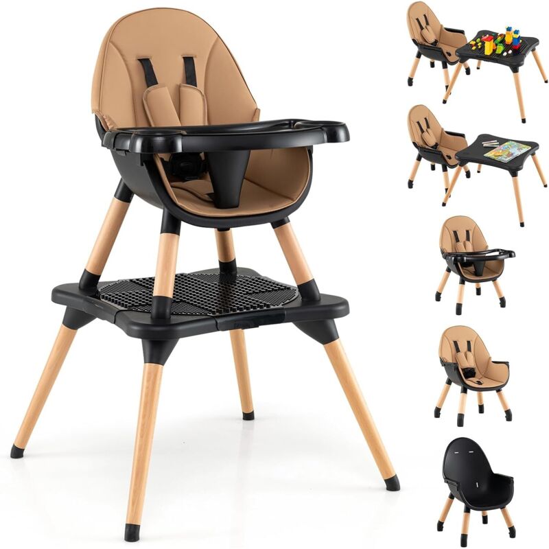 GOPLUS 6-en-1 Chaise Haute Bébé, Chaise Haute Evolutive avec Plateau Amovible, Harnais à 5 Points, Table à Blocs de Construction, Table