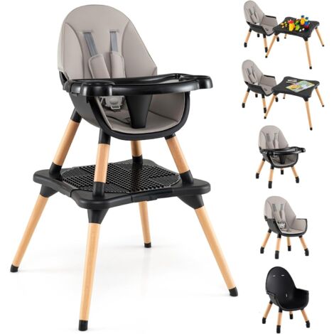 GOPLUS 6-en-1 Chaise Haute Bébé, Chaise Haute Evolutive avec Plateau Amovible, Harnais à 5 Points, Table à Blocs de Construction, Table d'Apprentissage et Chaise en Bois pour 6-36 Mois (Noir)