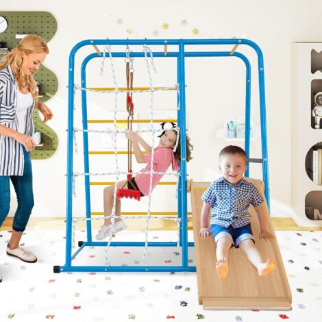 GOPLUS 6 en 1 Structure Escalade Intérieur pour Enfants, Aire de Jeux Montesorri avec Toboggan, Balançoire, Barres de Singe, Échelle, Mur de Cordes, Cadre Métallique, pour Garçons et Filles de 3+ Ans