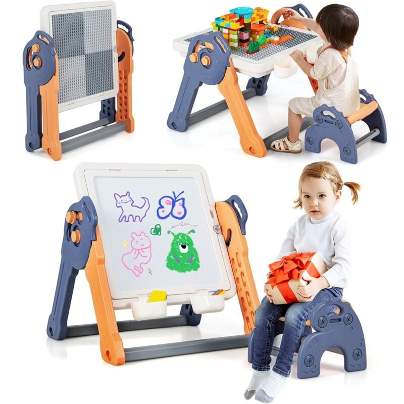 6 en 1 Table Enfant3 Ans+ et Chaise-Tableau Enfant Pliable- Multi-Activités avec Tableau Double Blocs de Construction - Goplus