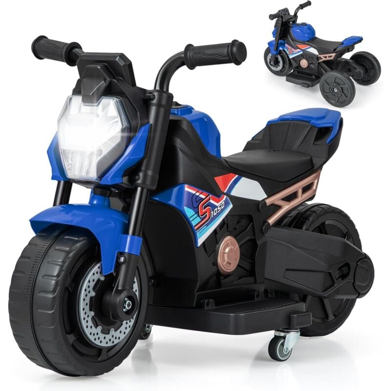 Goplus - 6 v Moto Électrique Enfant 1,5-3 Ans, Moto Porteur 2-3 km/h avec Roues d'Entraînement Amovibles, Musique, Charge 20KG, Bleu