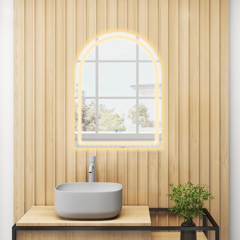 Goplus - 60cm Miroir Mural de Salle de Bain Incassable, Miroir avec Fonction Anti-buée, Fonction Mémoire et 3 Couleurs Lumière led Réglable, 2