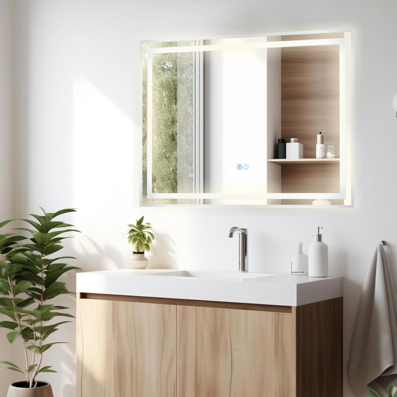 GOPLUS 60cm Miroir Mural de Salle de Bain Incassable, Miroir avec Fonction Anti-buée, Fonction Mémoire et 3 Couleurs Lumière LED Réglable, 2 Options
