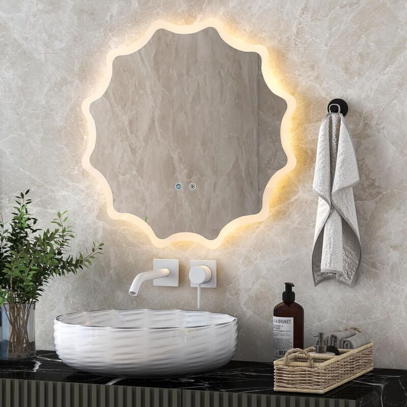 GOPLUS 60x60cm Miroir Mural de Salle de Bain, avec Tactile Intelligent, 3 Couleurs LED et Anti-Buée, Antidéflagrant, Bords Ondulés