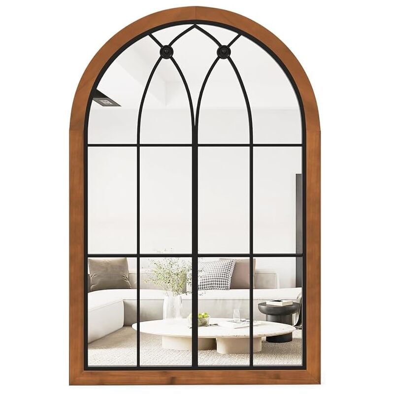 Goplus - 60X90CM Miroir en Forme de Fenêtre Arquée, Cadre en Bois & Verre Antidéflagrant, 2 Façons d'Installation, Naturel