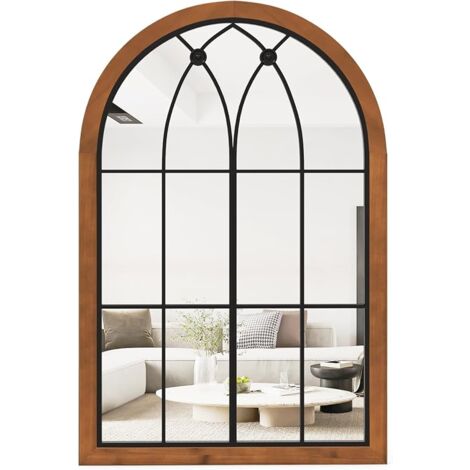 GOPLUS 60X90CM Miroir en Forme de Fenêtre Arquée, Cadre en Bois & Verre Antidéflagrant, 2 Façons d’Installation, Naturel