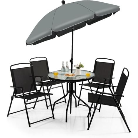 GOPLUS 6Pcs Ensemble Salon de Jardin avec 4 Chaises Pliantes en Textilene, Table Basse en Verre Trempe et Parasol, pour Patio, Balcon et Terrasse Jusqu’a 150KG