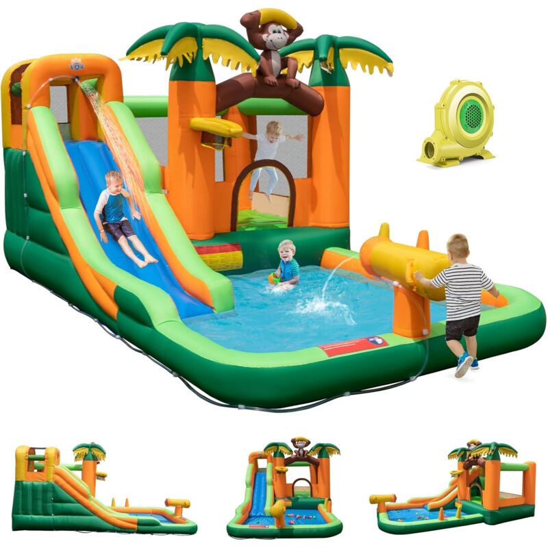 Goplus - 7 en 1 Château Gonflable Singe Aire de Jeux Gonflable avecToboggan, pour 1-3 Enfants de 90KG,50 Balles Océaniques, Singe