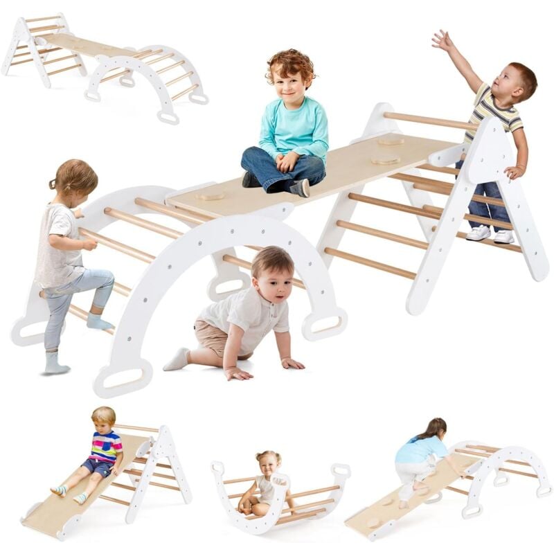 7 en 1 Triangle Arche Montessori d'escalade Enfants avec Toboggan Bois,Rampe, Échelle Réglable, Charge 50KG, pour Tout-Petits Bébé 1 Ans+ (7 en 1