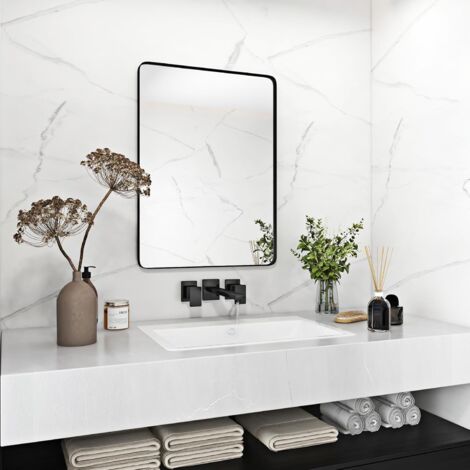 GOPLUS 76x56CM Specchio da Parete Nero per Bagno, Specchio Rettangolare con Cornice in Metallo Robusto e Angoli Arrotondati per sopra Lavandino, Specchio Decorativo Moderno (Orizzontale/Verticale)