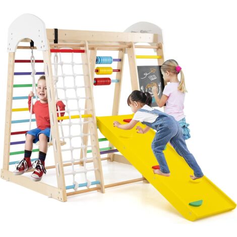 GOPLUS 8 en 1 Aire de Jeu Portique Escalade Enfant en Bois avec Toboggan,Chevalet, Mur&Filet&Barre& Échelle Escalade Échelle Balançoire, Jeu de Calcul pour Enfants 3 Ans + 124x119x138cm (Coloré)
