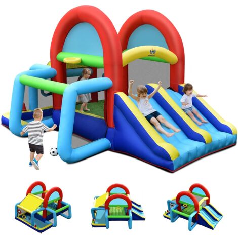 GOPLUS 8 en 1 Château Gonflable avec Double Toboggans,Trampoline,But de Football,Panier de Basket,pour 4 Enfants 3- 10 Ans Charge 120KG 424x300x240cm (sans Souffleur)