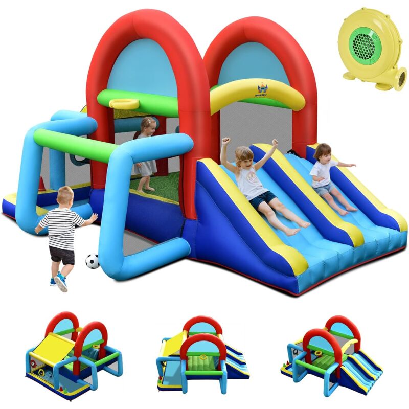Goplus - 8 en 1 Château Gonflable avec Double Toboggans,Trampoline,But de Football,Panier de Basket,pour 4 Enfants 3- 10 Ans Charge 120KG