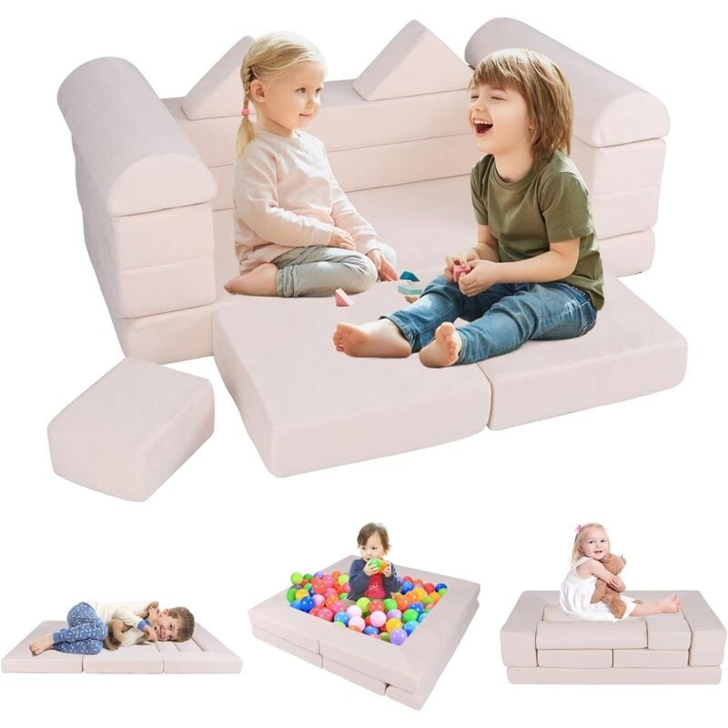 Goplus - 9PCS Canapé Enfant Convertible, Canapé de Jeu Modulaire avec Housse en Tissu Suédé, Jeu en Blocs de Mousse, Piscine à Balle, Chauffeuse