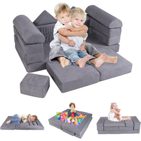 GOPLUS 9PCS Canapé Enfant Convertible, Canapé de Jeu Modulaire avec Housse en Tissu Suédé, Jeu en Blocs de Mousse, Piscine à Balle, Chauffeuse Enfant 2 Places pour 3+ Ans (Gris)
