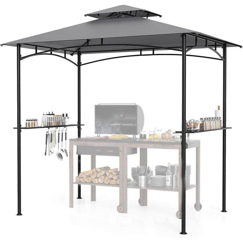 Abri Barbecue 242 x 150 cm, Tonnelle de Barbecue avec Toit à 2 Niveaux, 2 Étagères Latérales, 6 Crochets, 8 Clous de Terre, Tente de Barbecue