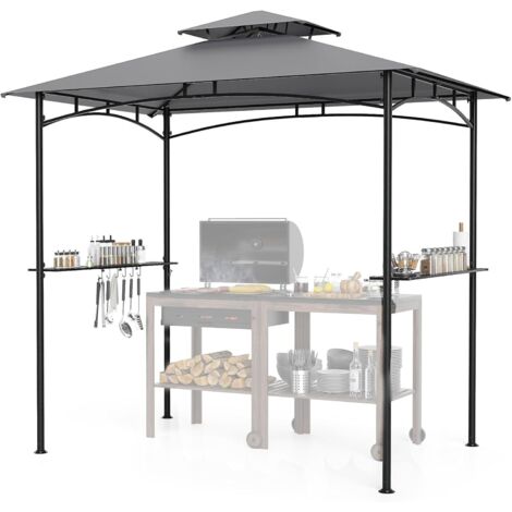 GOPLUS Abri Barbecue 242 X 150 CM, Tonnelle de Barbecue avec Toit à 2 Niveaux, 2 Étagères Latérales, 6 Crochets, 8 Clous de Terre, Tente de Barbecue Extérieure pour Patio, Jardin