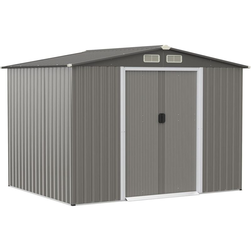 Abri de Jardin en Metal avec Portes - Cabane à Outils(5,36m²,avec base,Gris - Toit traditionnel) - Goplus