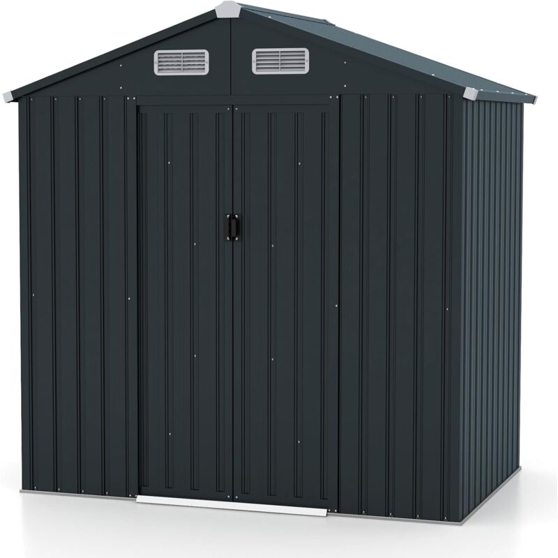 Abri de Jardin en Metal avec Portes - Cabane à Outils(2,48m²,sans base,Gris - Toit traditionnel) - Goplus