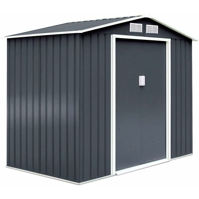 Abri de Jardin en Metal avec Portes - Cabane à Outils(5,3m²,avec base,Gris - Toit traditionnel) - Goplus