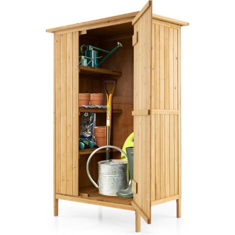 GOPLUS Abri de Jardin en Bois de Sapin, Armoire de Jardin avec Toit Incliné en Asphalte, 3 Étagères, 5 Crochets & Portes Verrouillables, Abris pour Outils Extérieure, pour Terrasses, Balcon, Naturel