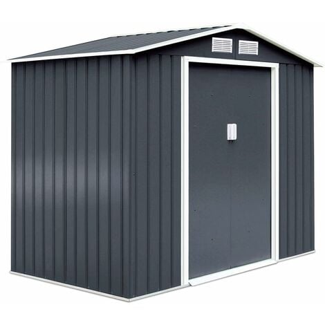 GOPLUS Abri de Jardin Métal avec Base 2,7m², Cabane de Rangement à Outils avec Portes Coulissantes&Fenêtres,213 x 127 x 185 cm