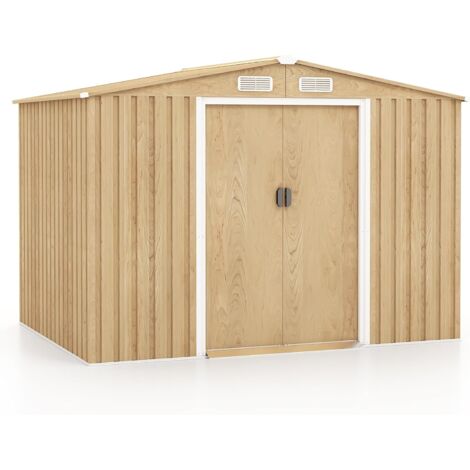 GOPLUS Abri de Jardin Naturel, Cabane à Outils de Jardin en Acier Galvanisé, Portes Verrouillables, Toit en Pente, Plancher, Bouches d'Aération, 2 Paires de Gants, pour Jardin (259x196x184cm)