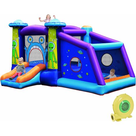 GOPLUS Aire de Jeux Gonflable, Château Gonflable en Forme Extraterrestre pour 3 Enfants en Tissu Oxford avec Toboggan,Kit de Reparation, Sac de Transport, Piquet, Charge 90 KG (avec Souffleur)
