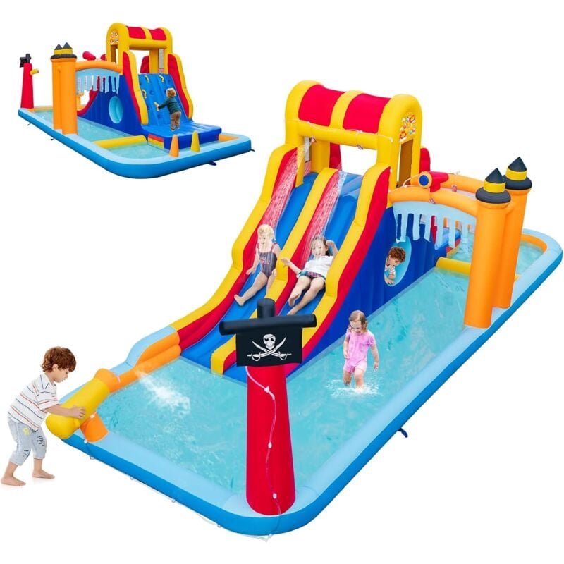 GOPLUS Aire de Jeux Gonflable Enfants - 2 Toboggans/Mur d'Escalade/Canon à Eau/Pataugeoires - Charge 90KG sans Souffleur - pour 3 Enfants 3-10 Ans