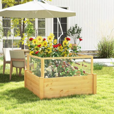 GOPLUS Aiuola in Legno, con Recinzione in Rete, Base e Aperta, con Diverse Zone di Coltivazione, per Giardino, Balcone, Terrazzo, 107 x 107 x 70 cm