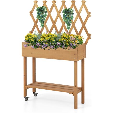 GOPLUS Aiuola Rialzata da Esterno, Fioriera Rialzato da Giardino con Griglie Rampicanti, Orto Letto Rialzato in Legno con Ruote Ripiano per Piante Rampicanti da Balcone, Giardino, 90 x 29 x 129 cm