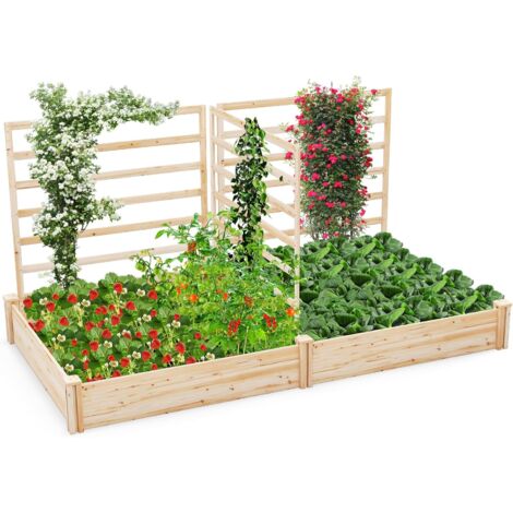 GOPLUS Aiuta da Giardino Rialzato con 3 Graticci, Fioriera in Legno per Esterni con Scompartimenti Divisi per Fiori, Verdure, Frutta, Fioriera Rialzata per Giardino o Patio, Montaggio Fai-da-te