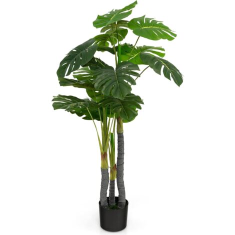 GOPLUS Albero Artificiale 120 cm, Pianta Finta Monstera con 20 Foglie Grandi, 3 Tronchi e Muschio Realistico, Pianta Decorativa Sempreverde con Vaso