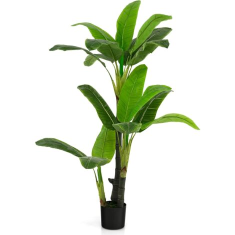 GOPLUS Albero Atificiale Alto 150 cm, Albero Finto Tropicale con 18 Foglie Grandi, 3 Tronchi e Muschio Realistico, Pianta Finta Sempreverde per Interni
