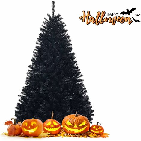 GOPLUS Albero di Natale con Decorazioni di Halloween, 1036/1258 Rami e Aghi in PVC, Abete Artificiale con Solida Base di Metallo, Decorazione da Interno ed Esterno, Nero (180 x 113 cm)