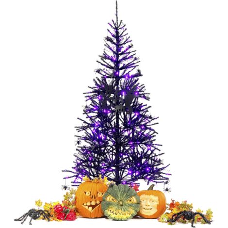 GOPLUS Albero di Natale Halloween 183 cm, Illuminato con 250 Luci a LED Viola, 791 Rami in PVC, con 1 Cartello Appeso di Fantasma, 16 Ciondoli Ragno e 8 Ciondoli Pipistrello, Ideale per Casa e Negozio