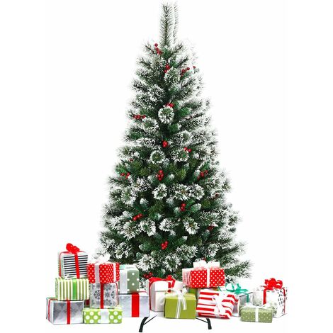 GOPLUS Albero di Natale innevato, abete artificiale con bacche rosse, con base pieghevole di metallo, design rigoglioso, facile da montare, in PVC, perfetto come decorazione (150cm)