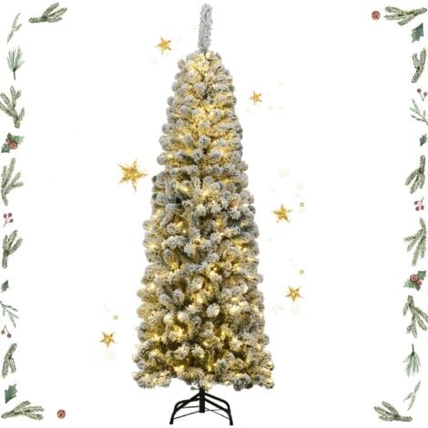 GOPLUS Albero di Natale Slim 180 cm, Illuminato con 250 Luci Incorporate a LED, 500 Rami Innevati in PVC, Supporto Pieghevole in Ferro, Divisibile da Montaggio e Trasporto, per Interno/Esterno