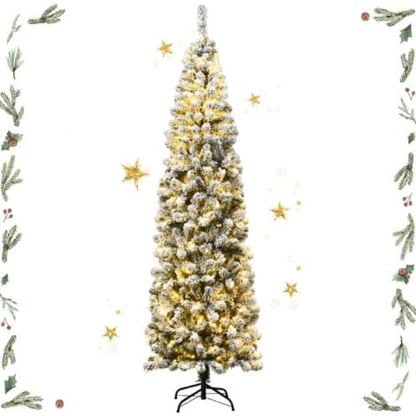 GOPLUS Albero di Natale Slim 230 cm, Illuminato con 350 Luci Incorporate a LED, 641 Rami Innevati in PVC, Supporto Pieghevole in Ferro, Divisibile da Montaggio e Trasporto, per Interno/Esterno