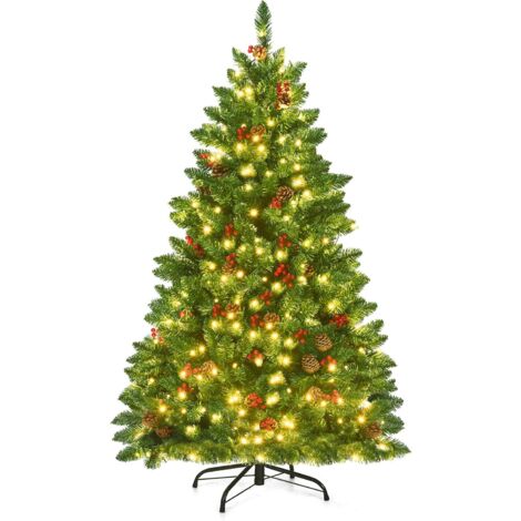 GOPLUS Albero di Natale135 cm /195 cm, Albero Decorato con Pigne e Bacche Rosse, Albero Artificiale per Uso Domestico e Aziendale, Verde (135 cm)