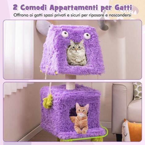 GOPLUS Albero per Gatti a Tema Mostro, Centro Attività per Gatti a 3 Livelli con 2 Condomini Privati per Gatti, Posto per Graffiare in Sisal e Giochi Pendenti, Mobile per Gatti in Peluche Lungo, Viola