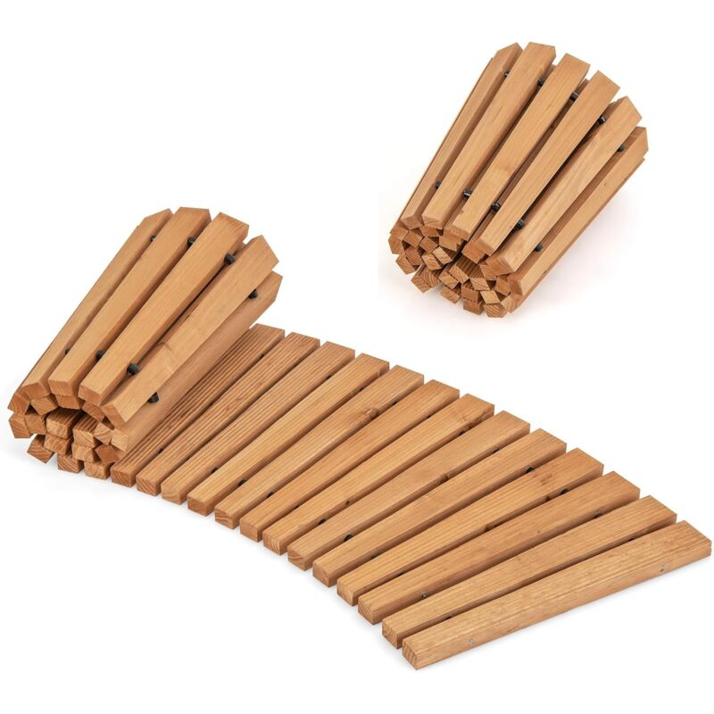 Allée de Jardin 216CM en Bois avec Surface Antidérapante, Chemin de Jardin Déroulant, Fils Métalliques avec Gaine, Naturel - Goplus