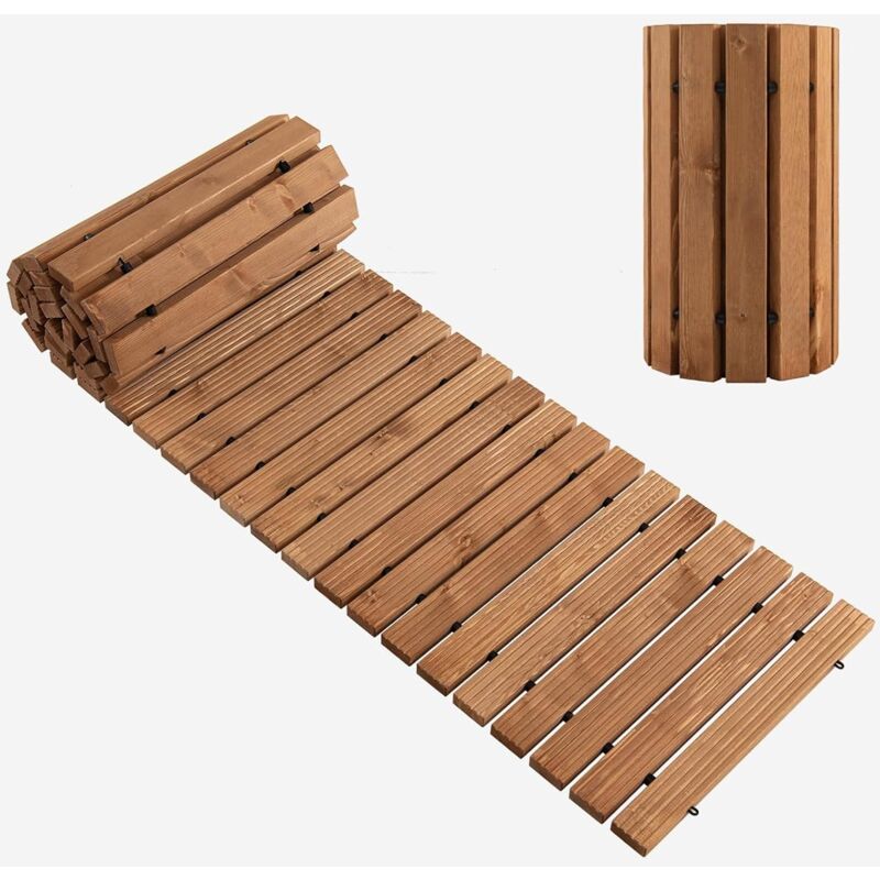 Allée de Jardin en Bois de 245CM, Passerelle Droite avec Fil d'acier Robuste et Motifs Antidérapants, Sol de Promenade Extérieure Enroulable pour
