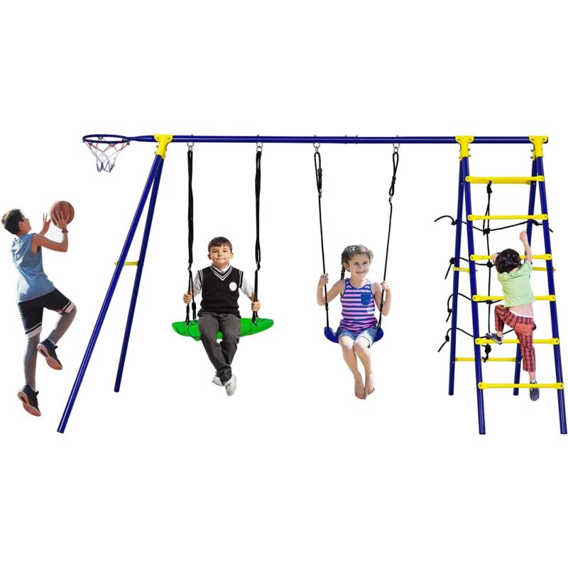 Goplus - Altalena per Bambini 5 in 1 con Struttura in Metallo, Altalena a Nido d'Uccello, Parete da Arrampicata, Canestro da Basket e Scala da