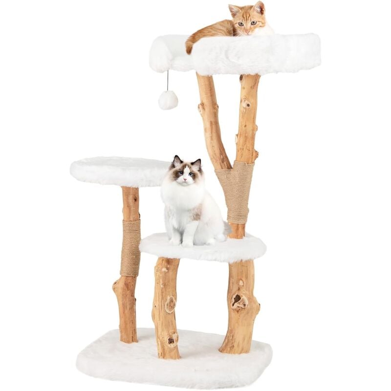Arbre à Chat 110cm à 4 Niveaux en Bois Massif avec Plateforme, Perchoir, Hamac, Griffoirs en Jute, Arbre à Chats pour Se Reposer, Jouer et Aiguiser,