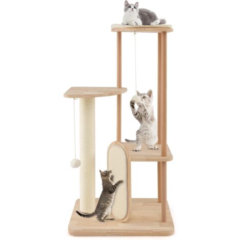 GOPLUS Arbre à Chat 112cm Multi-Niveaux en Bois, Arbre à Chat avec Planche et Poteau à Griffer en Sisal, Perchoir Rembourré, 2 Plateformes, 2 Jouets Suspendus pour Chaton