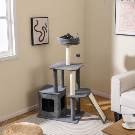 GOPLUS Arbre à Chat 117CM, Arbre a Chat avec Lit Supérieur, Boule Suspendue, Poteau & Rampe à Gratter, Cabine de Repos, 3 Plateformes, Tissu en Lin & Mousse, Gris (117cm)